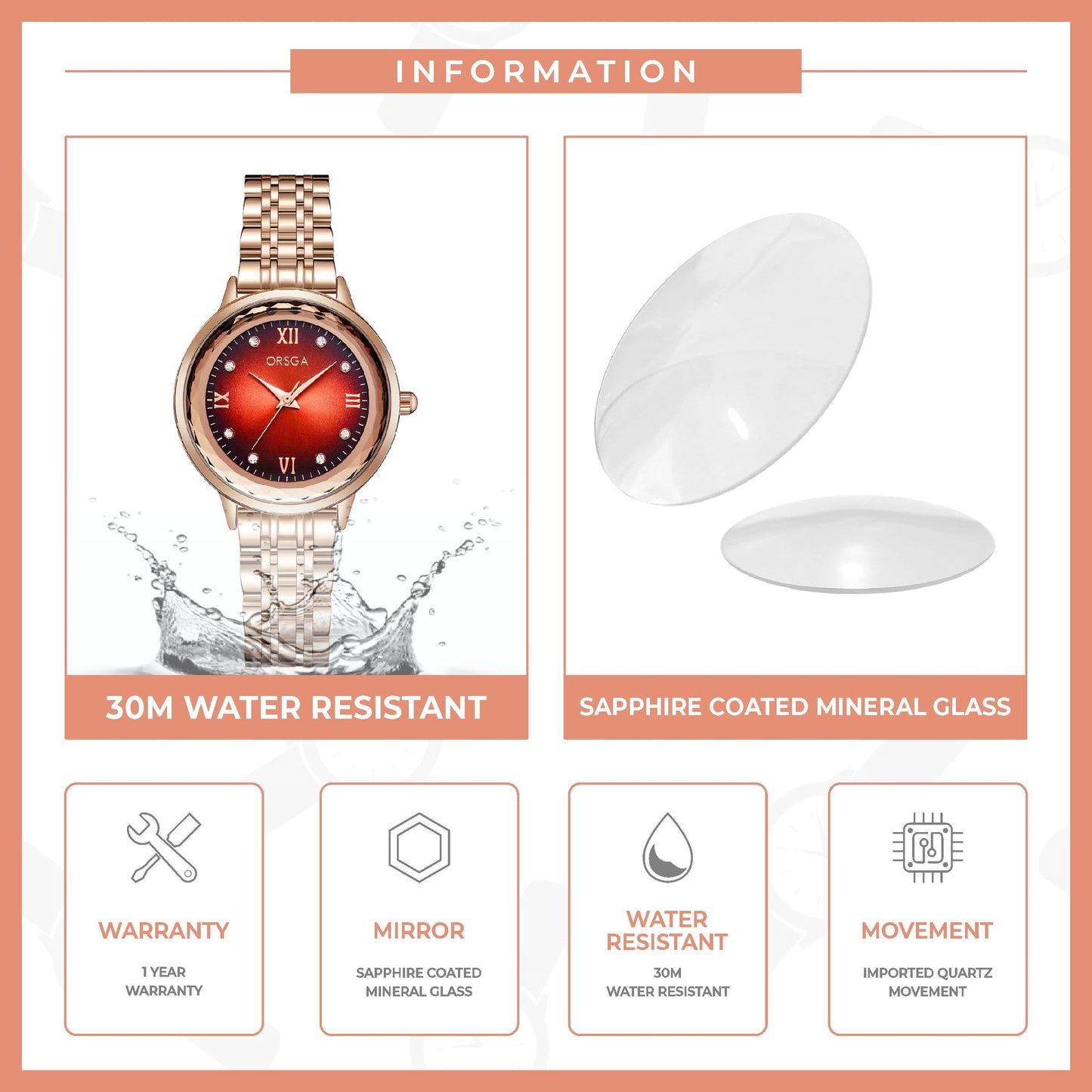 ONYX Women Watch - Red Dial Rose Gold