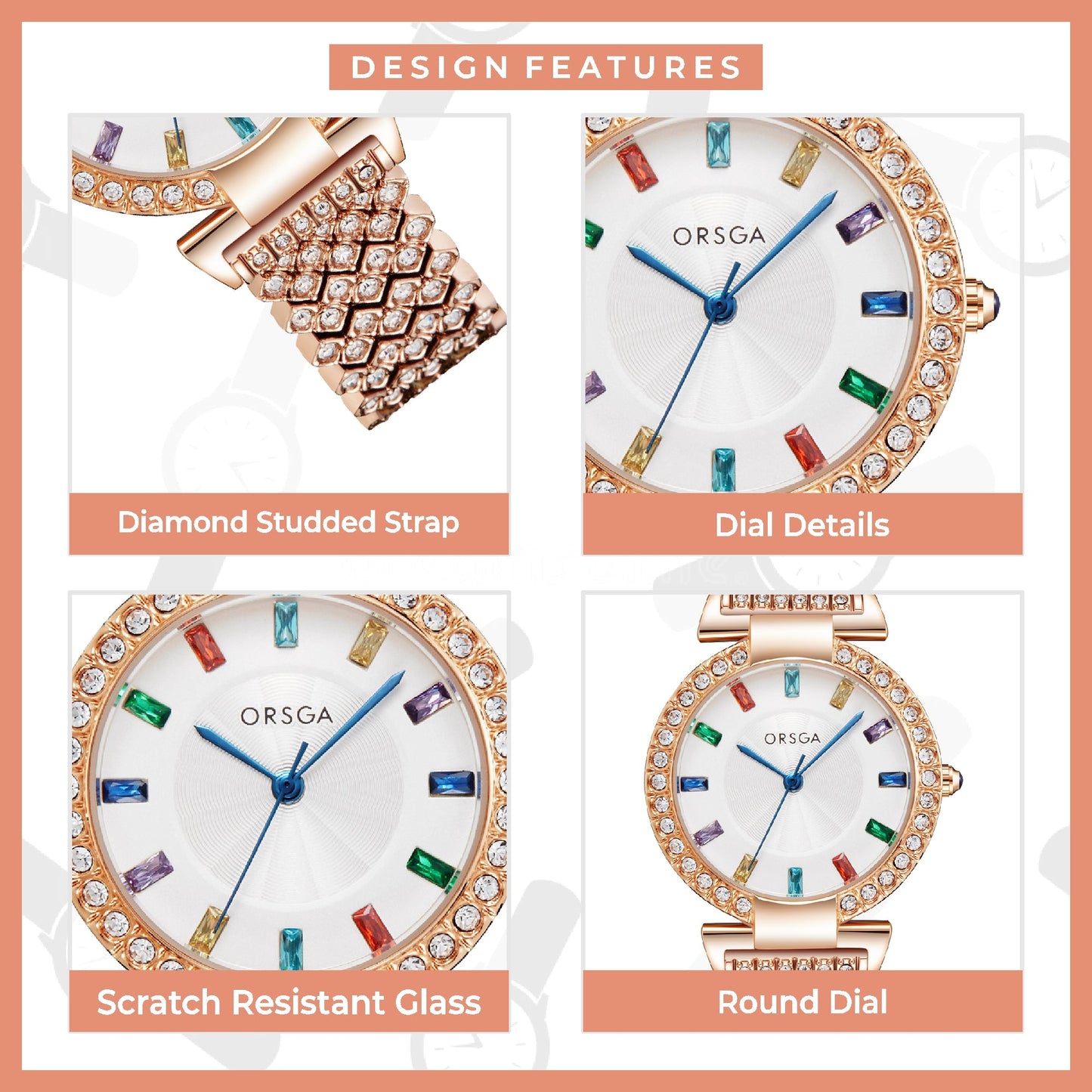 SERENE Multicolor Studded Gold Watch