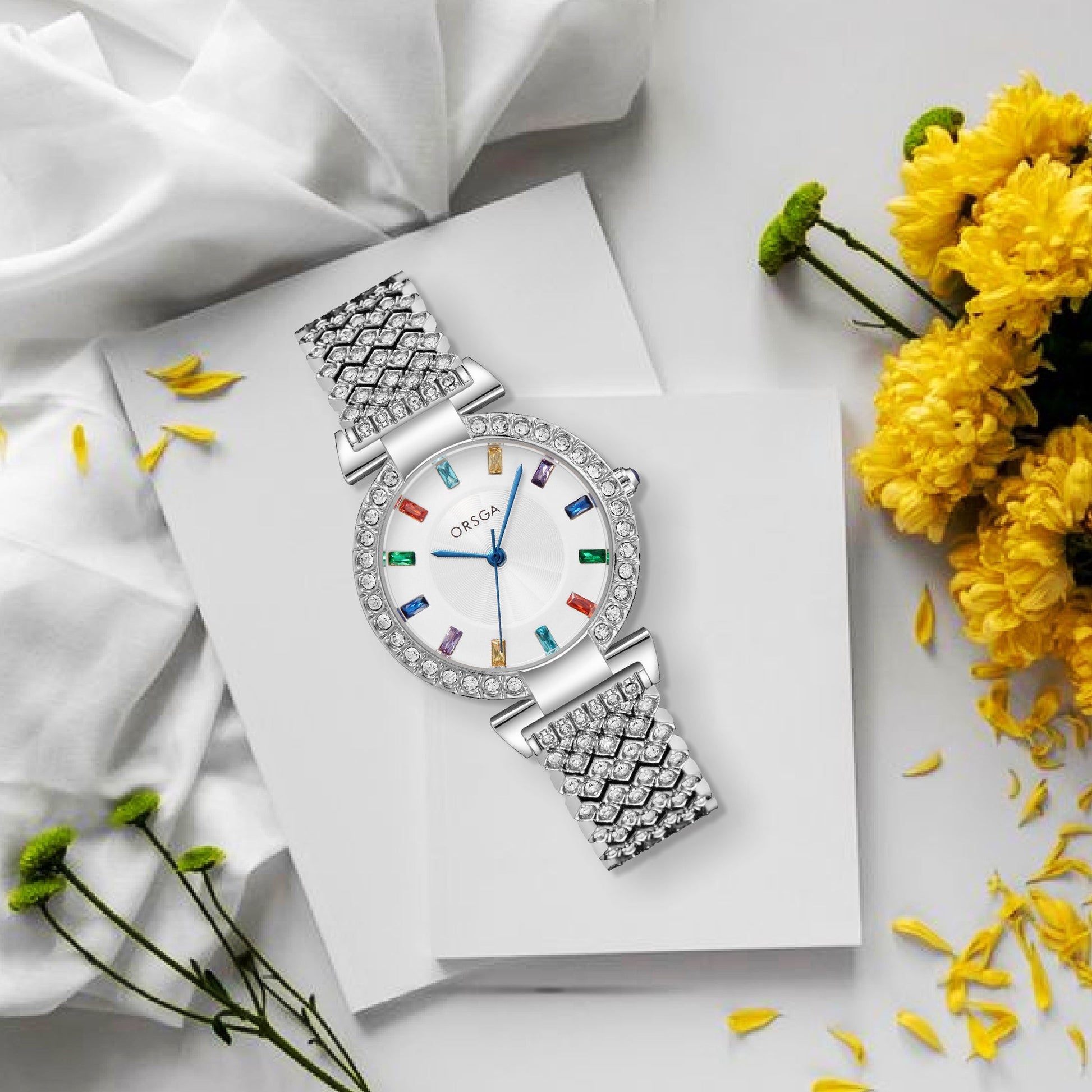 SERENE Multicolor Studded Silver Watch